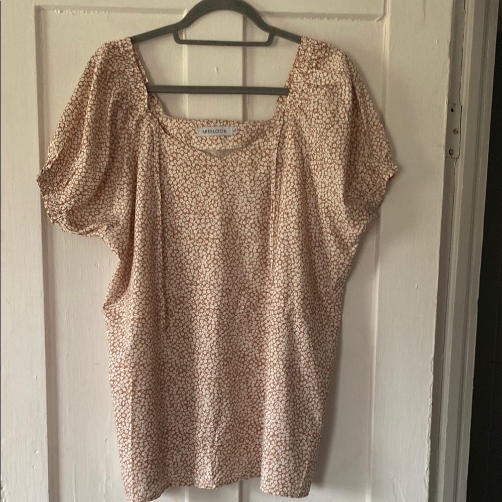 MISSLOOK Pink and Tan Puff Sleeve Blouse